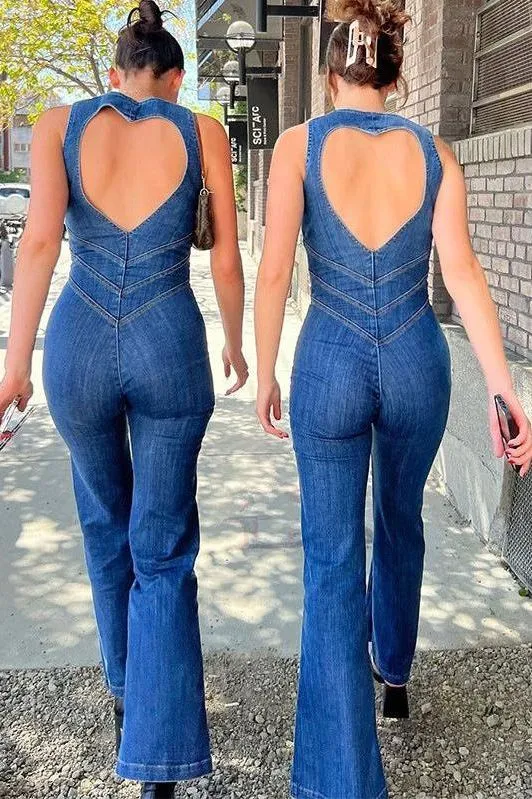 retro style high waist washed denim jumpsuit