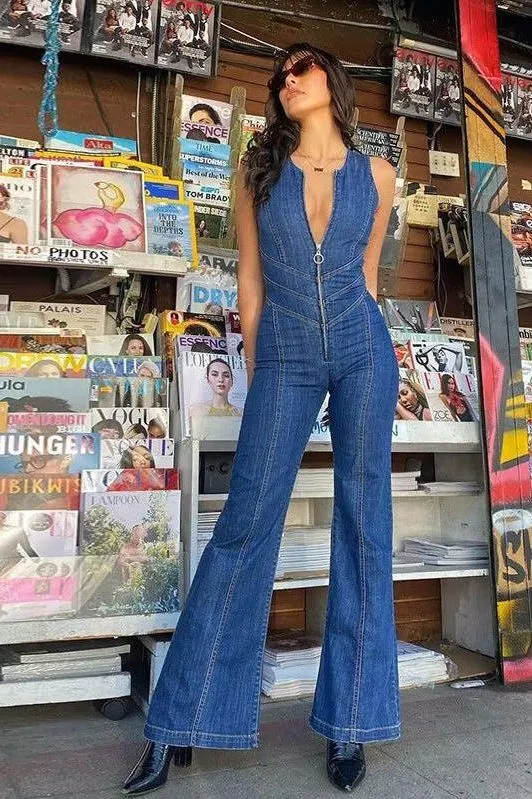 retro style high waist washed denim jumpsuit