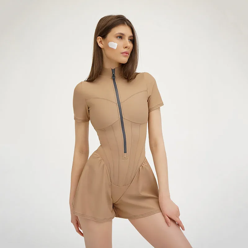 Round Neck Short Sleeve Zipper Jumpsuit