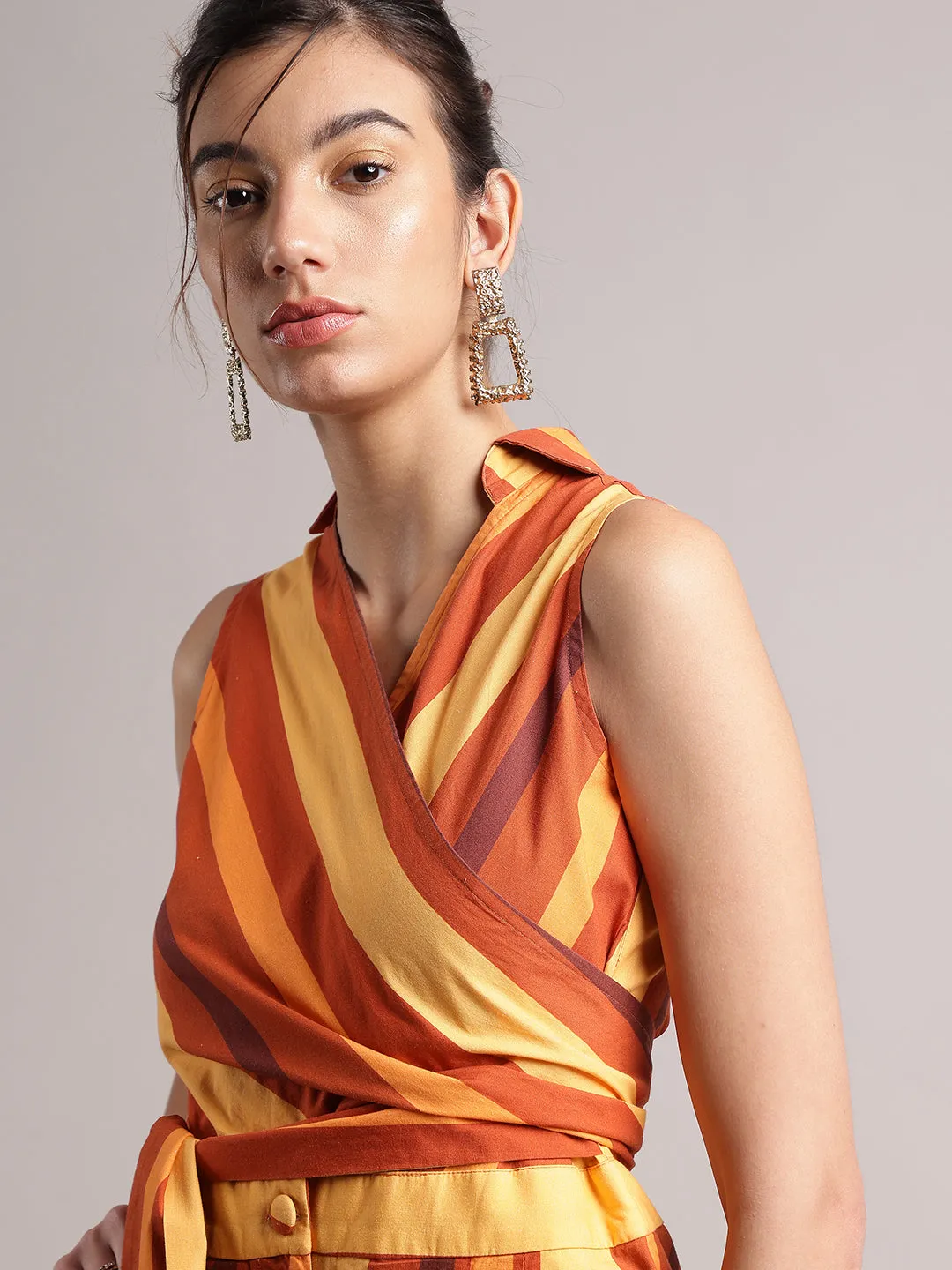 Rust Cotton Blend Striped Wrap Jumpsuit