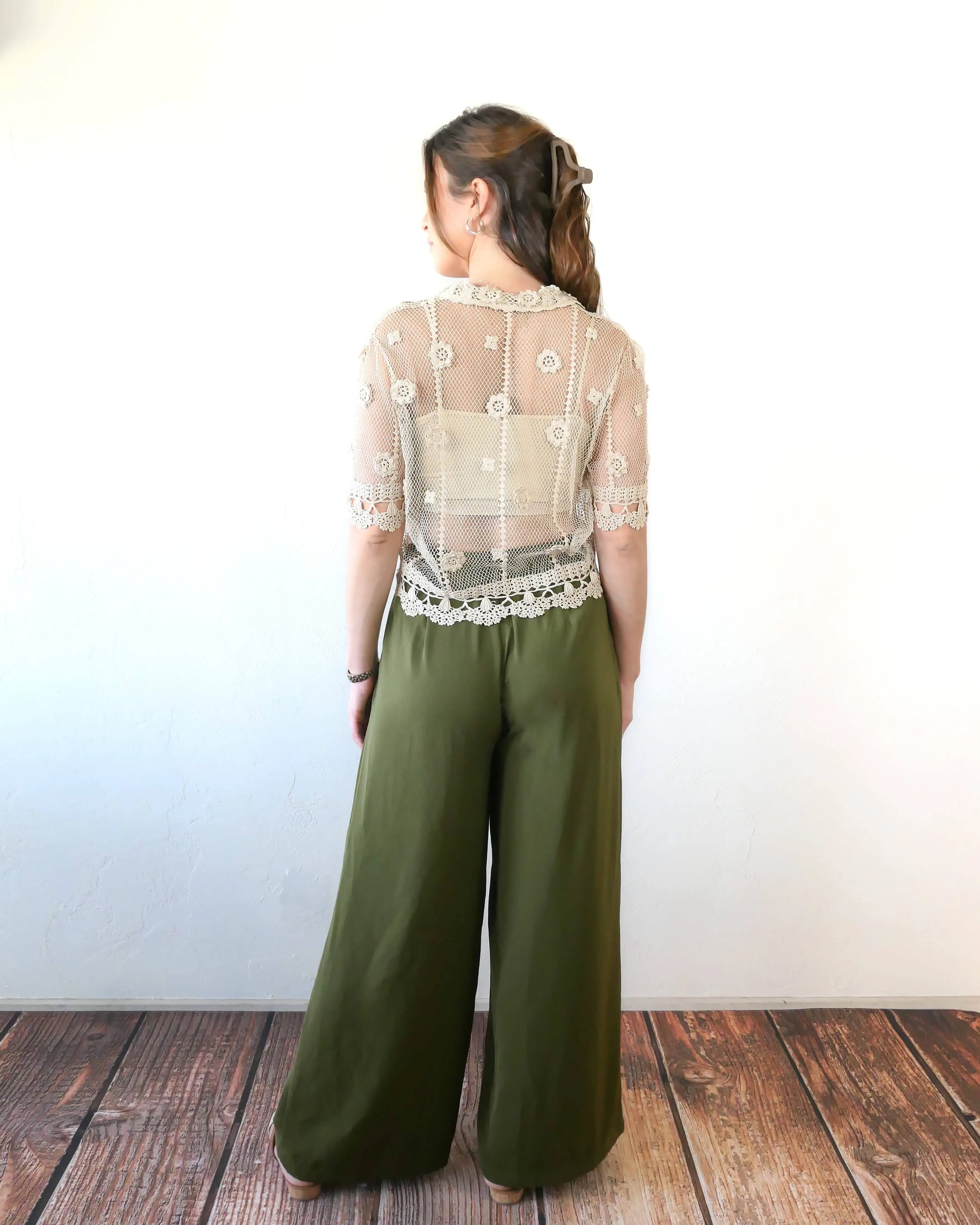 Sheer Crochet Half Sleeve Top with Carnation Motif