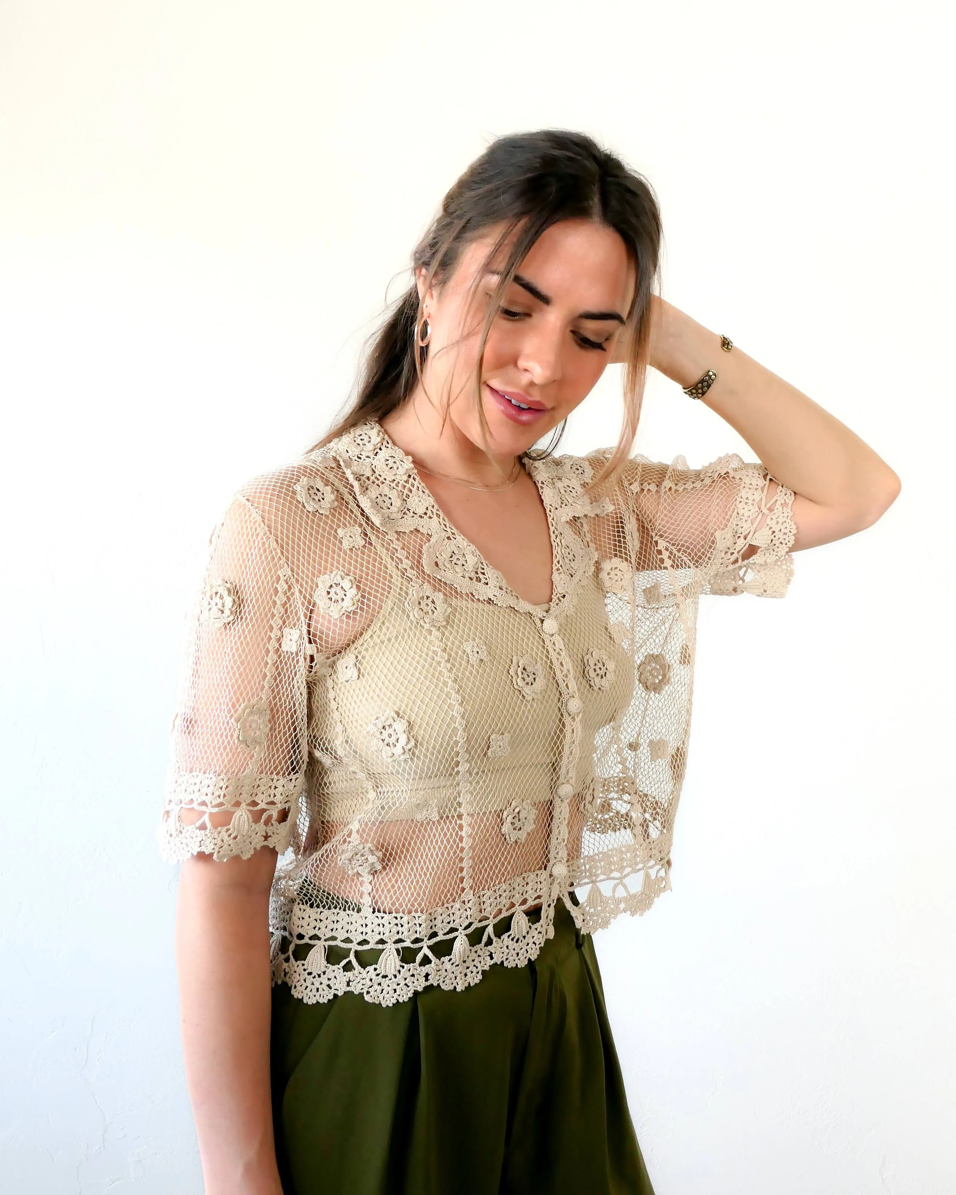 Sheer Crochet Half Sleeve Top with Carnation Motif