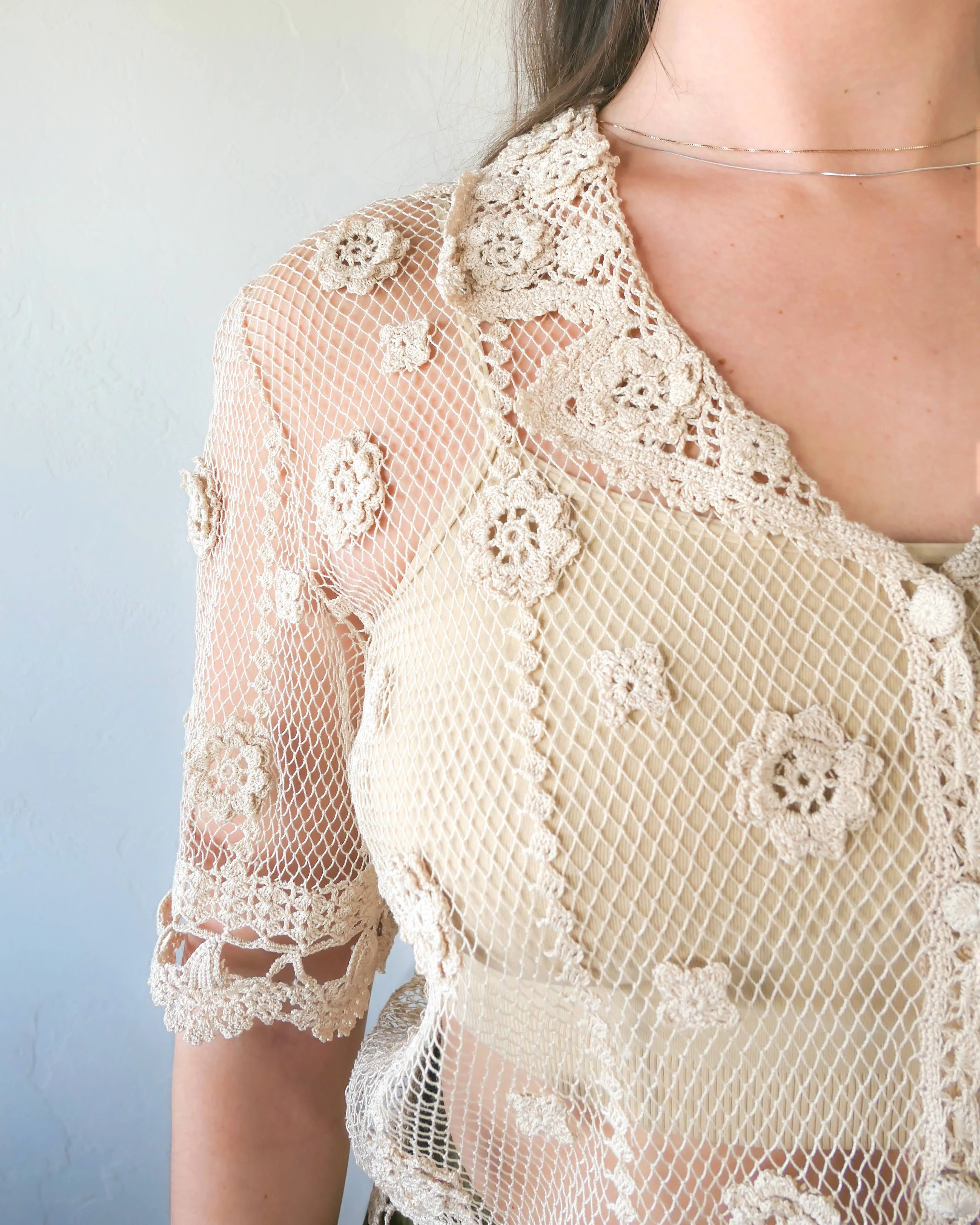 Sheer Crochet Half Sleeve Top with Carnation Motif