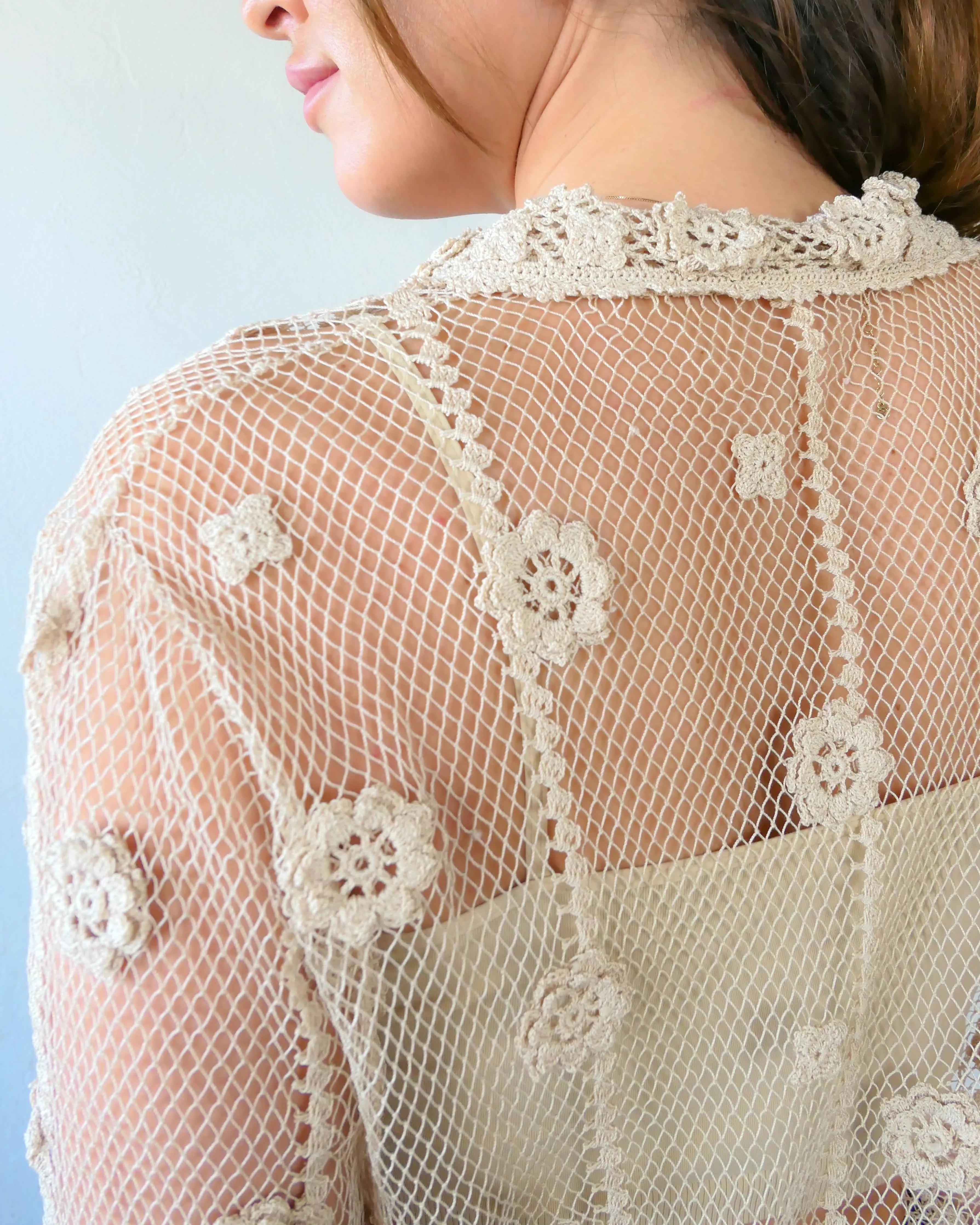 Sheer Crochet Half Sleeve Top with Carnation Motif