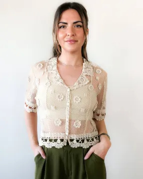 Sheer Crochet Half Sleeve Top with Carnation Motif