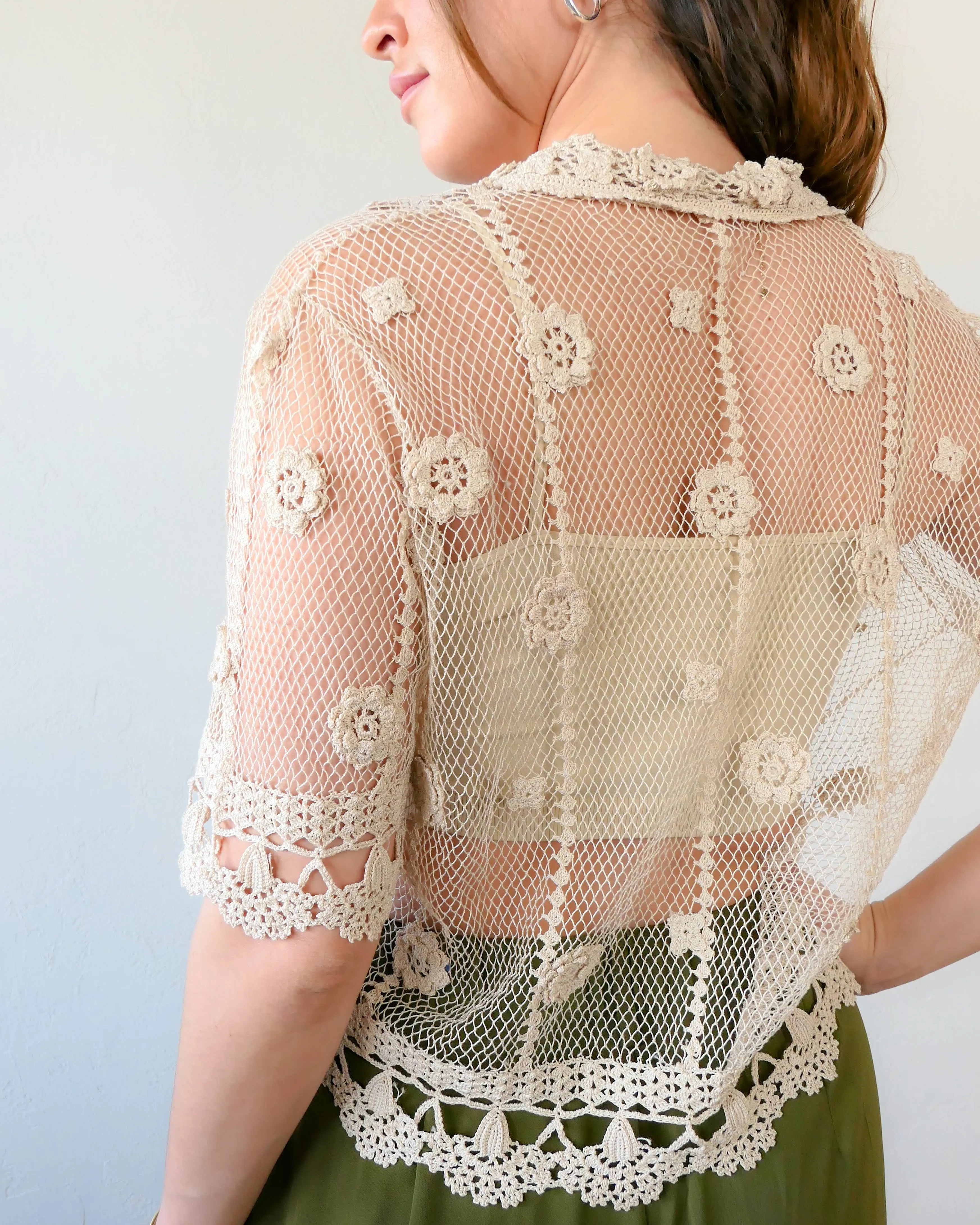 Sheer Crochet Half Sleeve Top with Carnation Motif