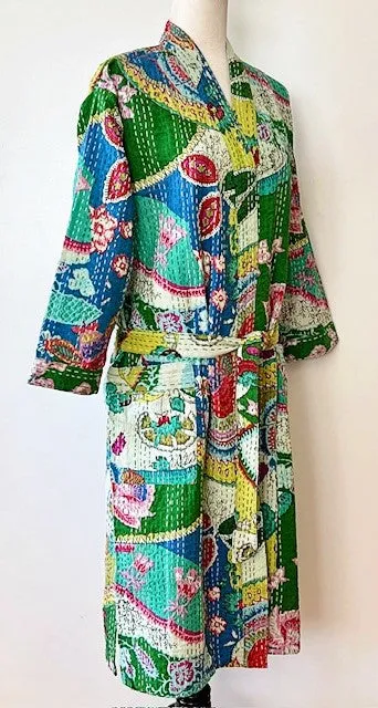 Short Floral Block Print Kantha Kimono Celebrates Nature (Abstract)