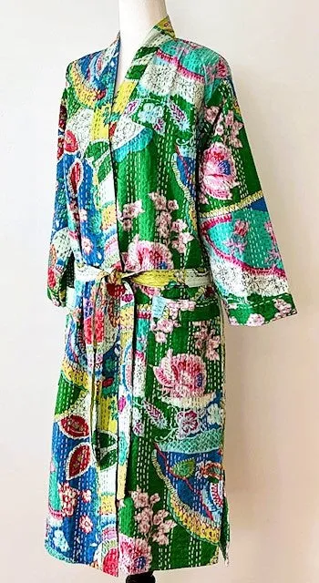 Short Floral Block Print Kantha Kimono Celebrates Nature (Abstract)