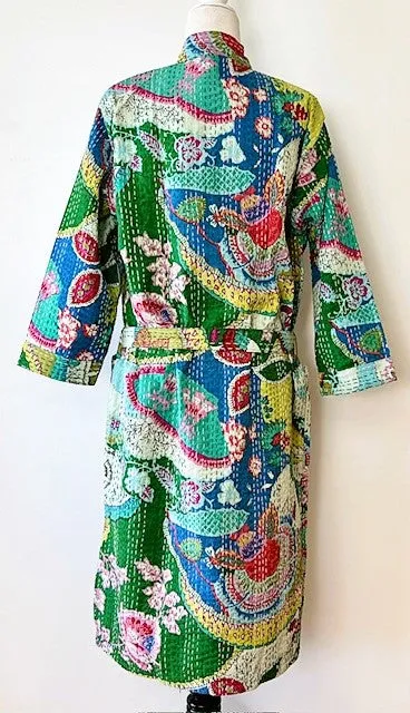 Short Floral Block Print Kantha Kimono Celebrates Nature (Abstract)