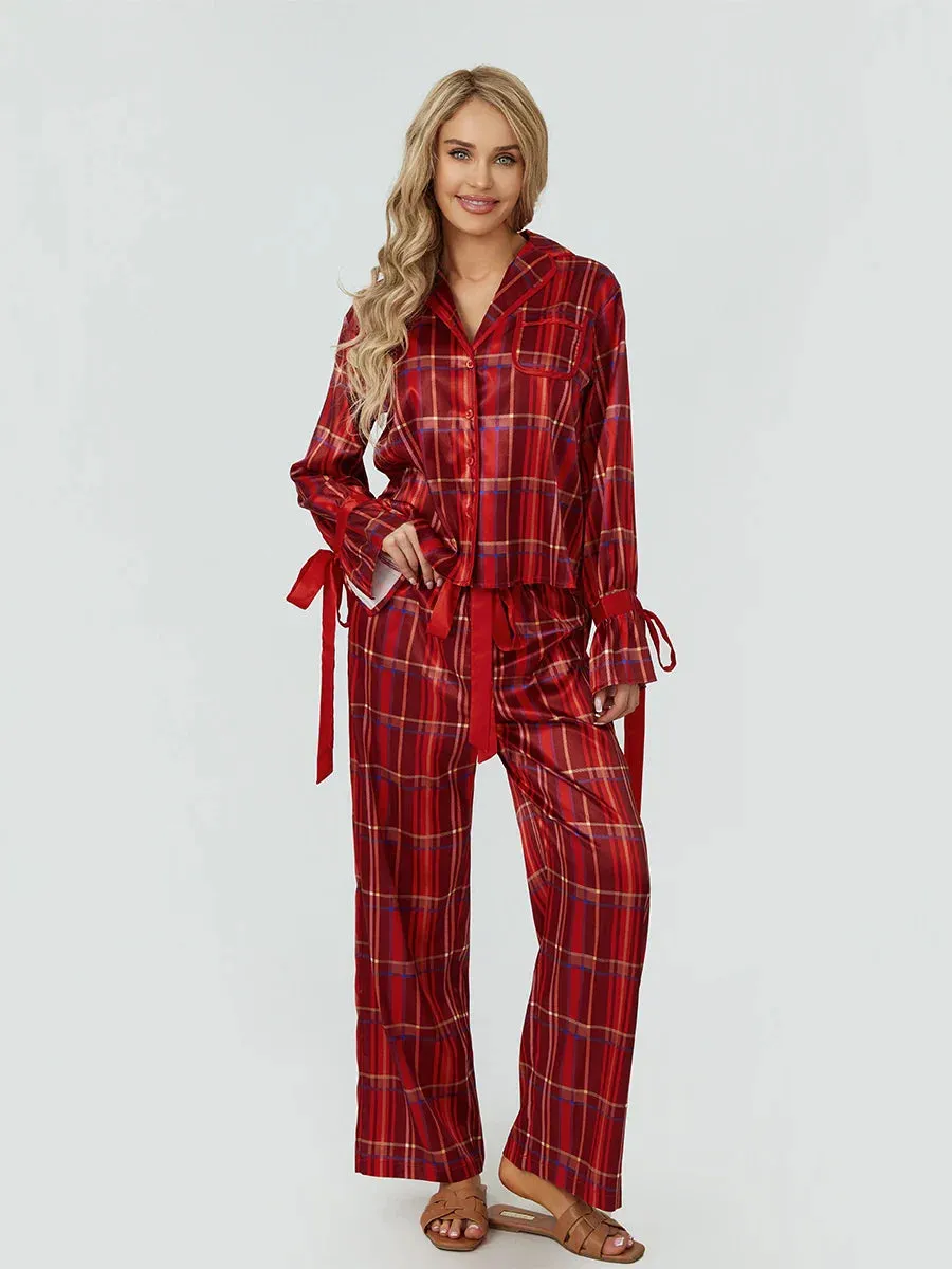 Sleeve Lapel Neck Button Down Plaid Wide Leg Y2K Loungewear Long Pajamas