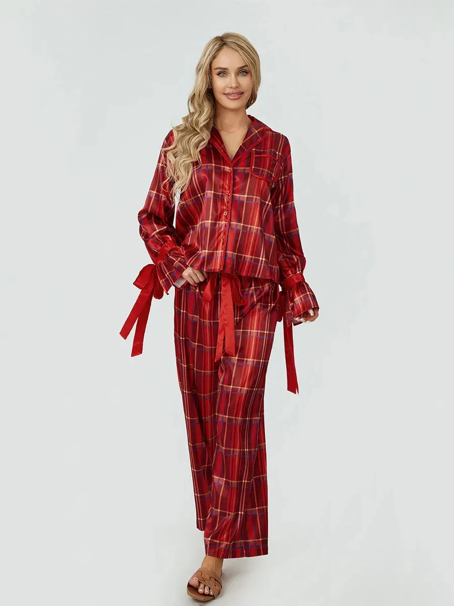 Sleeve Lapel Neck Button Down Plaid Wide Leg Y2K Loungewear Long Pajamas