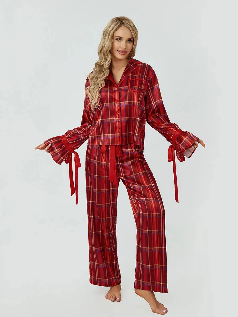 Sleeve Lapel Neck Button Down Plaid Wide Leg Y2K Loungewear Long Pajamas