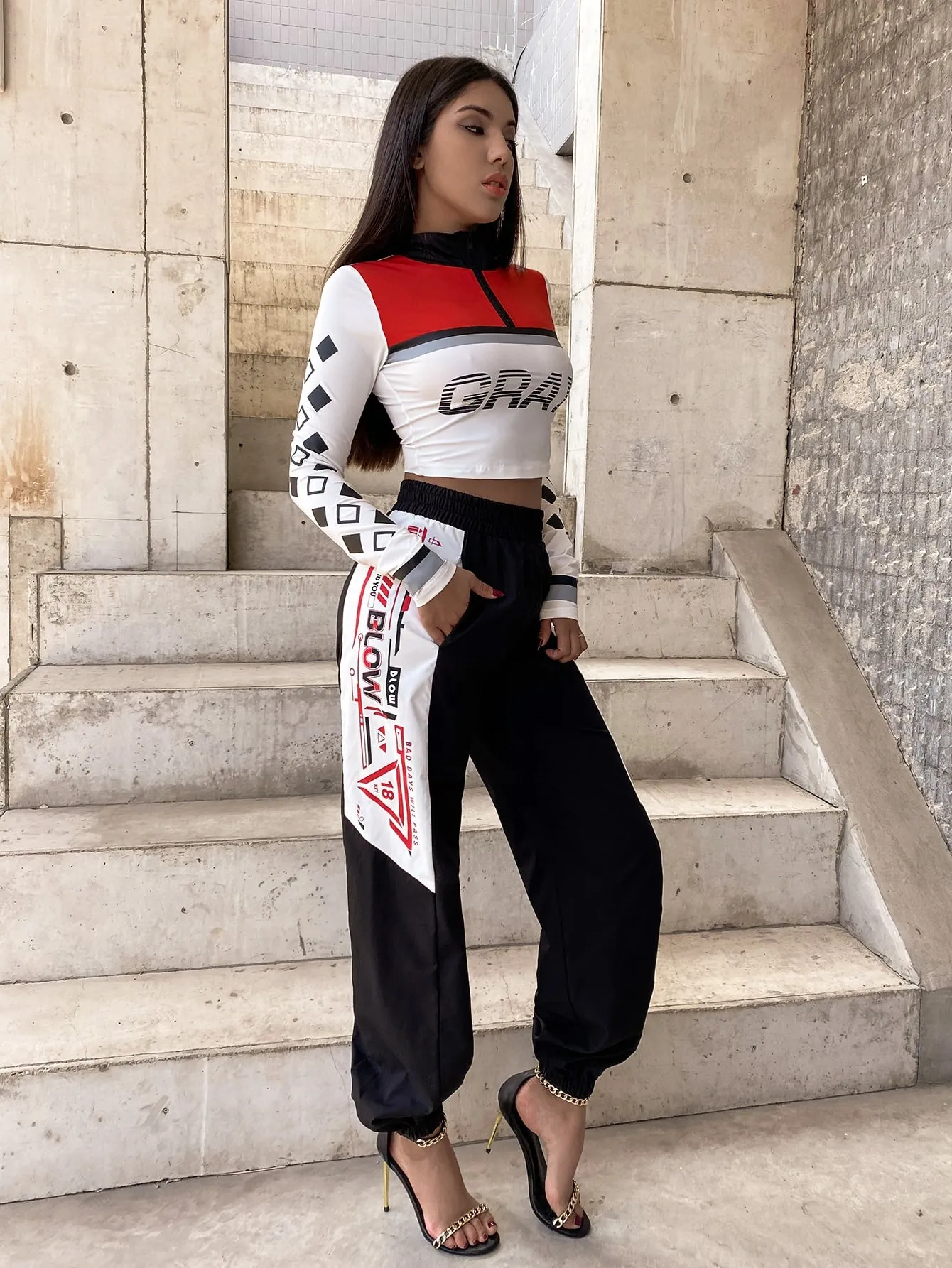 Sporty Slogan Pocket High Waist Long Women Pants