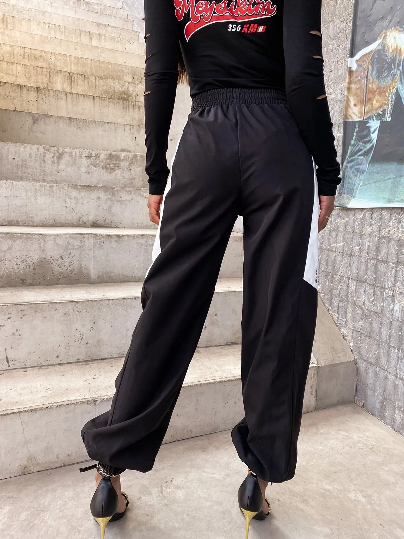 Sporty Slogan Pocket High Waist Long Women Pants