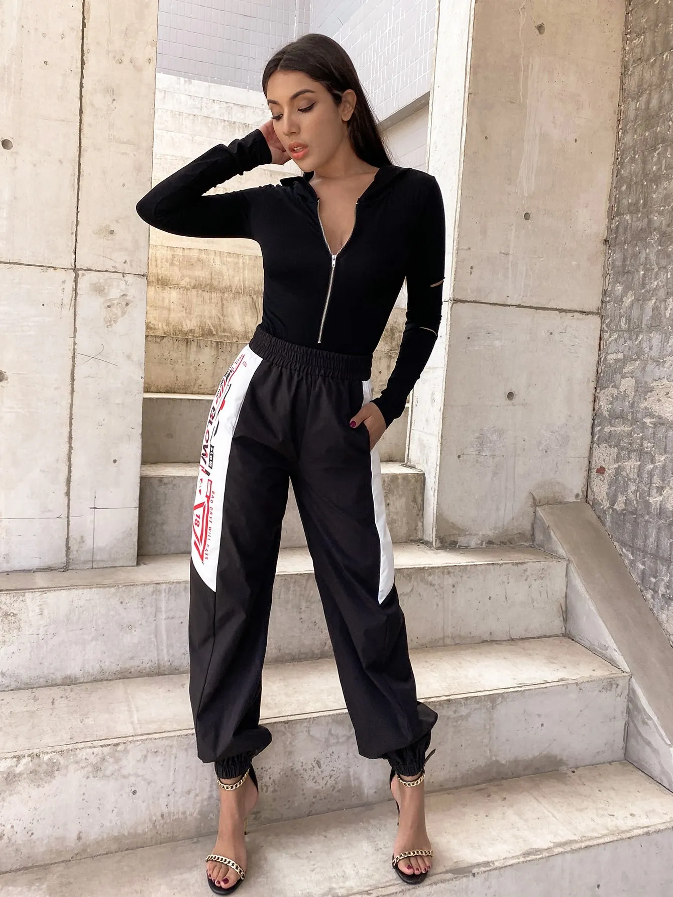 Sporty Slogan Pocket High Waist Long Women Pants