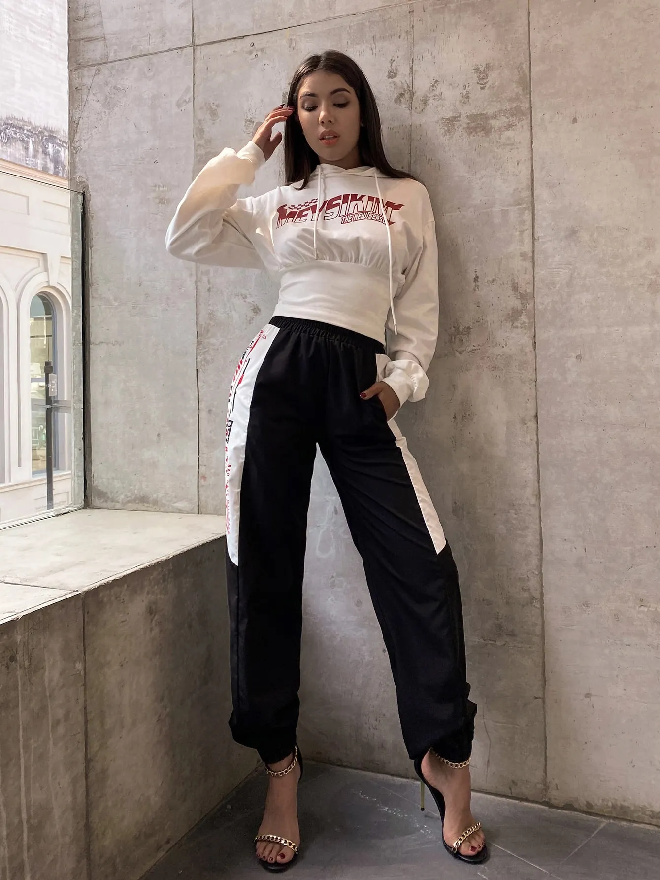 Sporty Slogan Pocket High Waist Long Women Pants