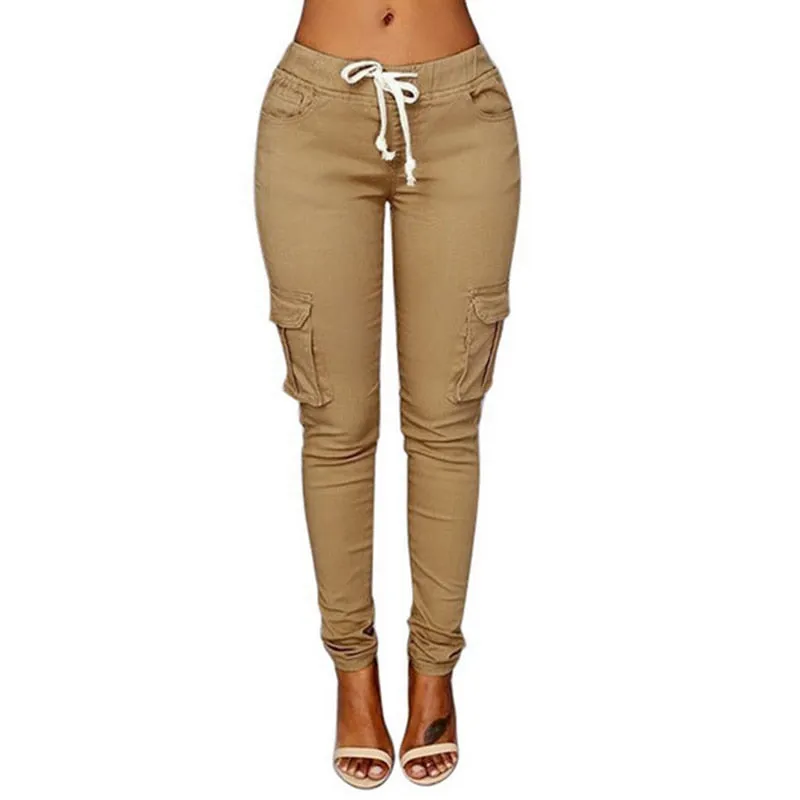 Spring Lace Up Waist Casual Women Pants Solid Pencil Pants Multi-Pockets Plus Size Straight Slim Fit Trousers