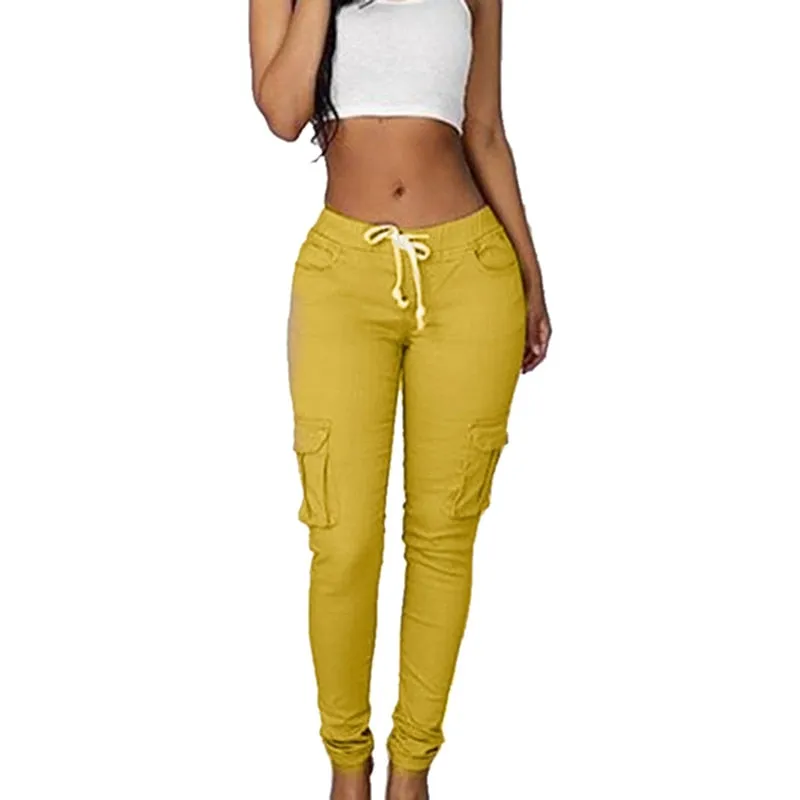 Spring Lace Up Waist Casual Women Pants Solid Pencil Pants Multi-Pockets Plus Size Straight Slim Fit Trousers