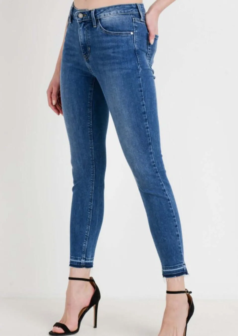 Stretch Ankle Raw Hem High Rise Jeans - Clearance Final Sale