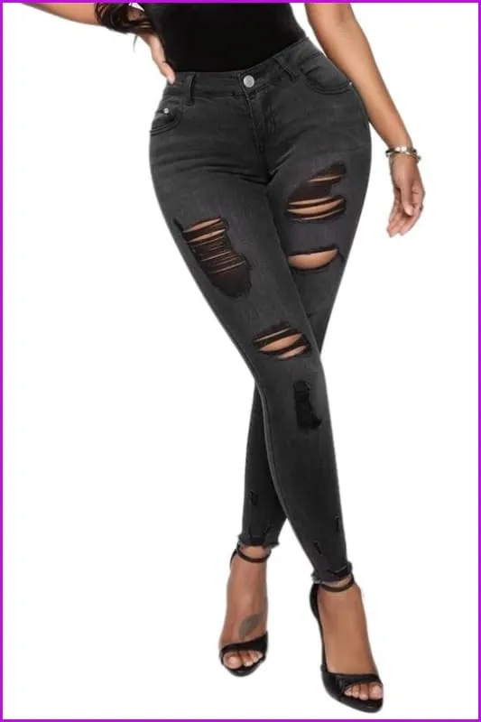 Stylish High Waist Pencil Ripped Black Jeans DA123