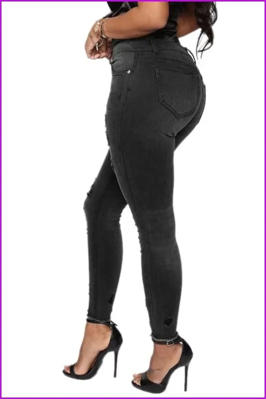 Stylish High Waist Pencil Ripped Black Jeans DA123