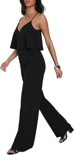 Summer Black Sleeveless Layered Wide Leg Jumpsuit