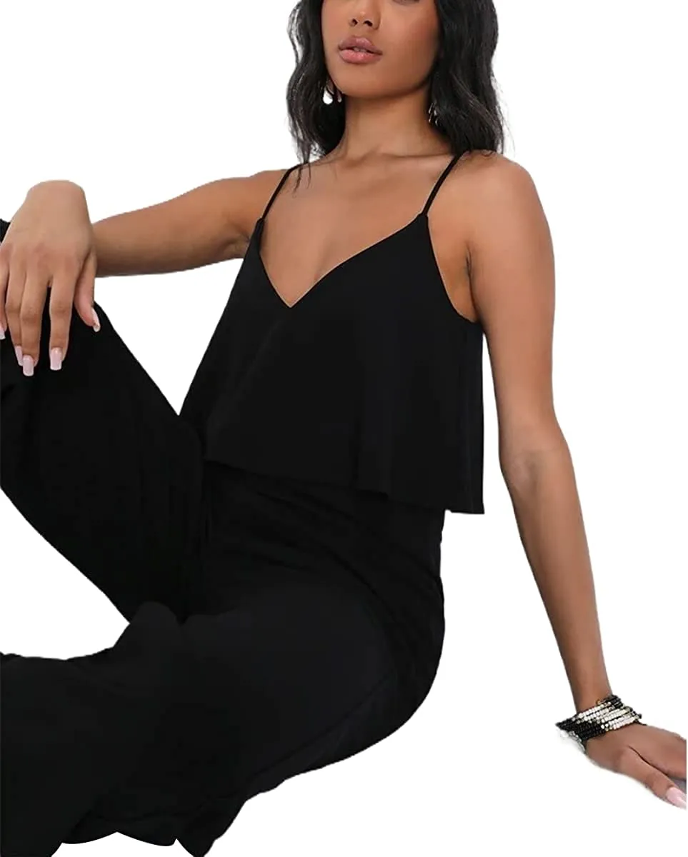 Summer Black Sleeveless Layered Wide Leg Jumpsuit