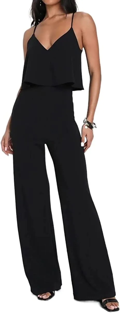 Summer Black Sleeveless Layered Wide Leg Jumpsuit