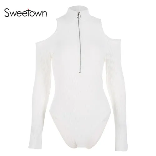 Sweetown Black Long Sleeve Bodysuit Elegant Turtleneck