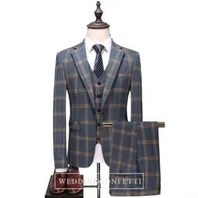 Vauseton Groom Men's Checkered Suit Jacket, Vest and Pants (3 Piece)