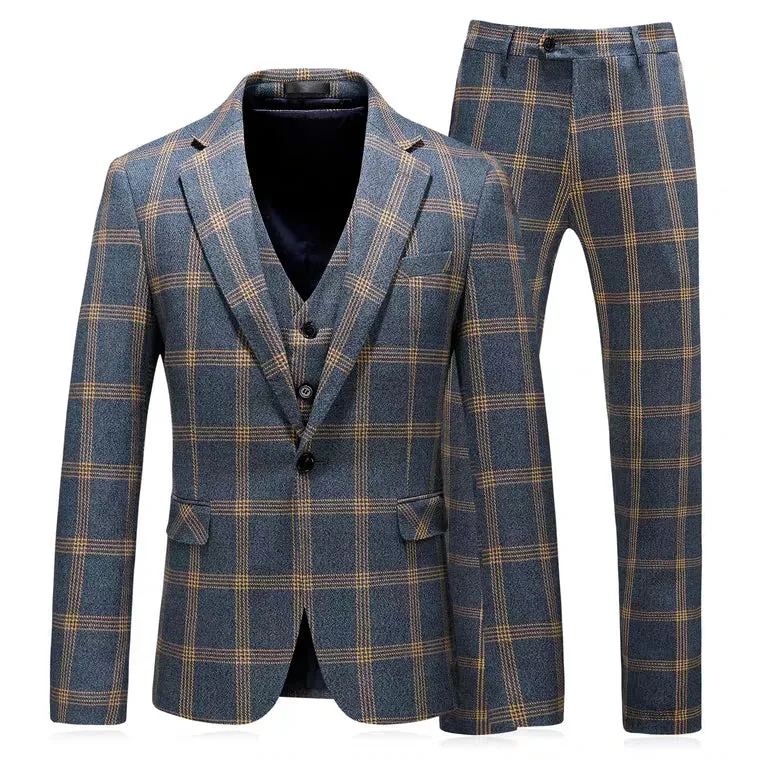 Vauseton Groom Men's Checkered Suit Jacket, Vest and Pants (3 Piece)