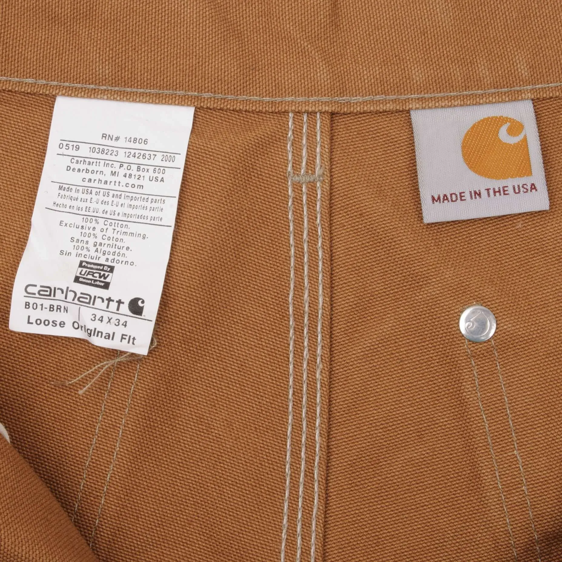 VINTAGE CARHARTT CARPENTER DOUBLE KNEE SANDSTONE PANTS SIZE 34X34 MADE IN USA