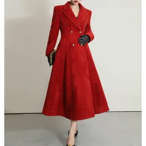 WANXO French red Hepburn style woolen coat new waist and thin long woolen coat- Crissy