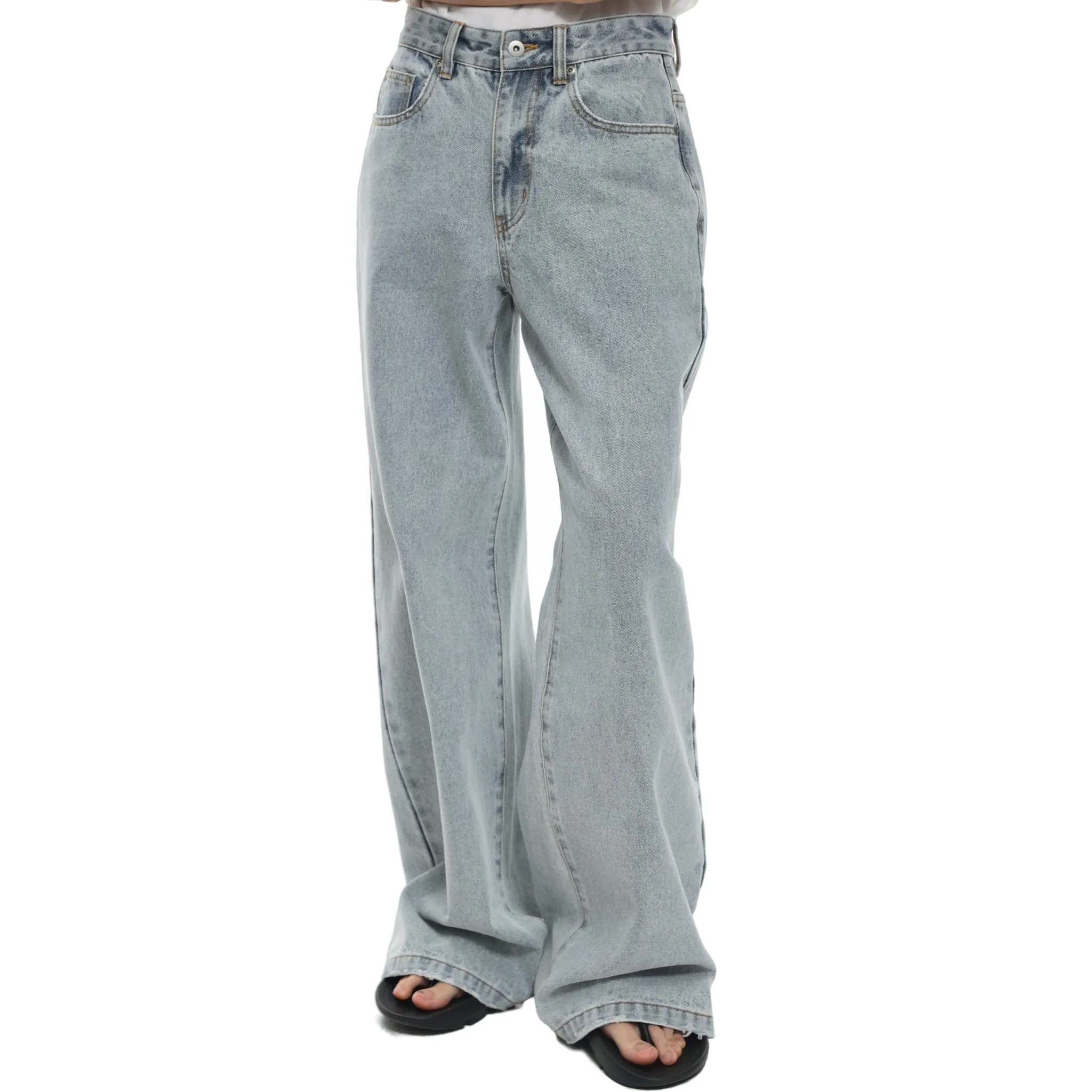 Washed Raw Edge Wide Leg Denim Pants In Light Blue