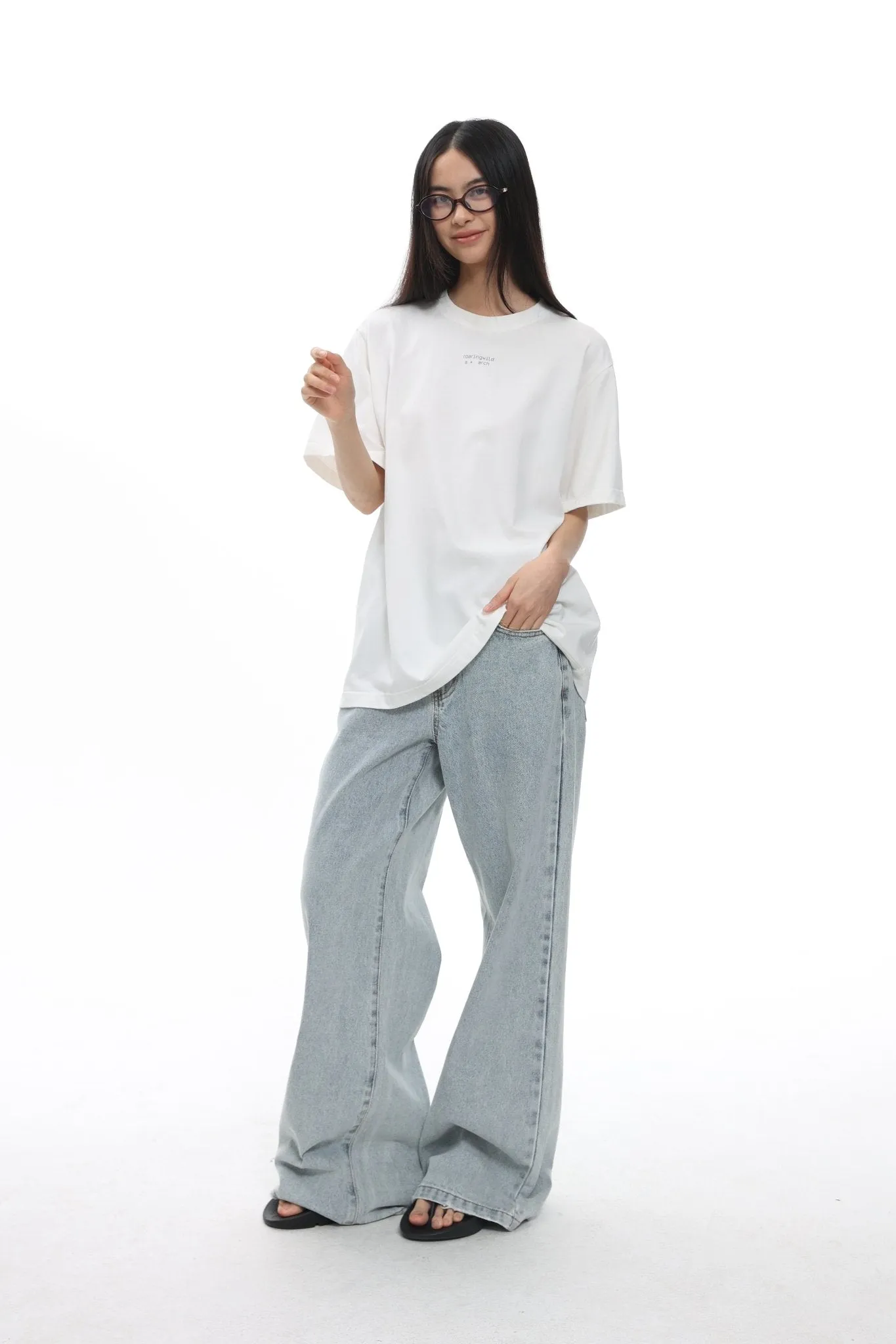 Washed Raw Edge Wide Leg Denim Pants In Light Blue