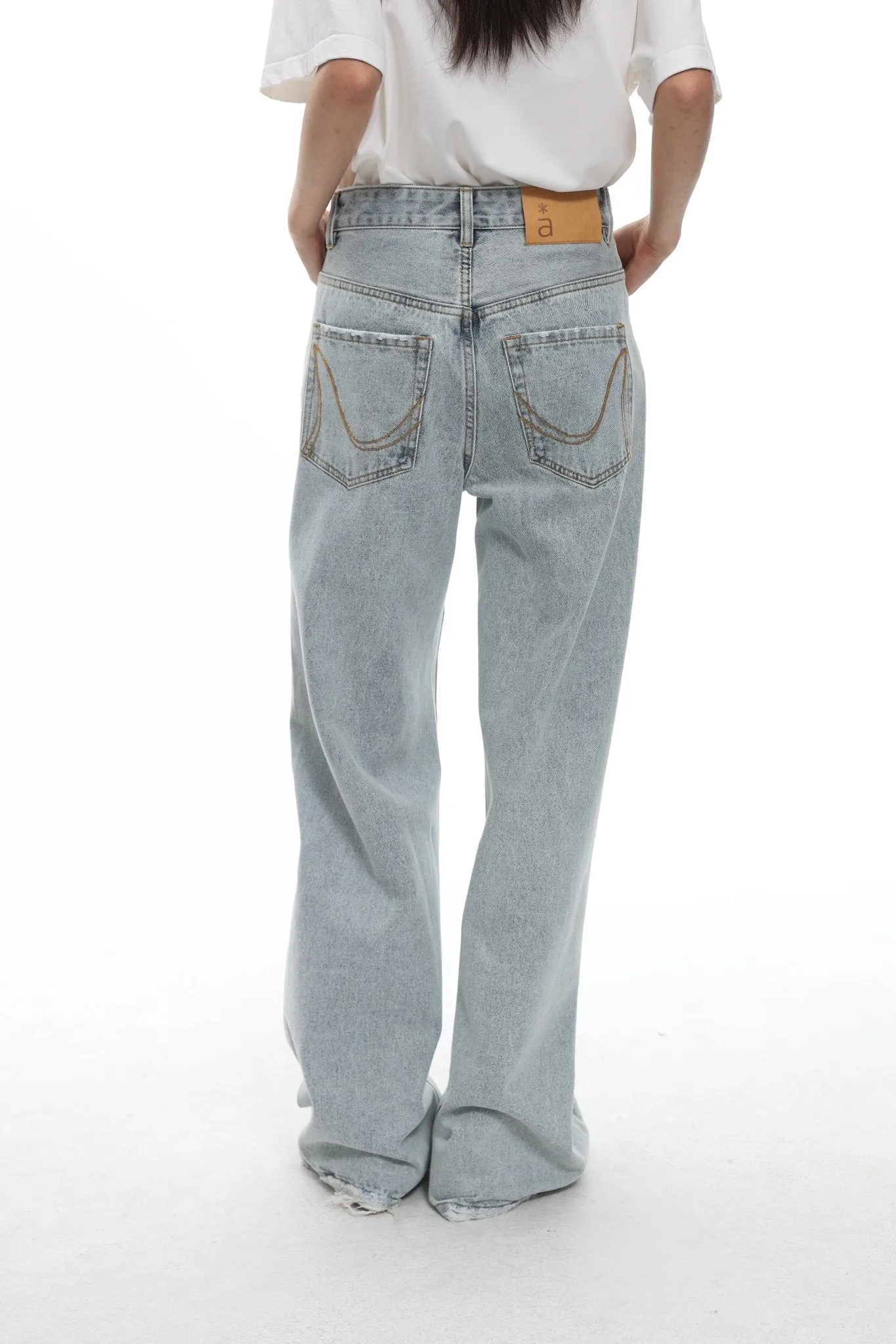 Washed Raw Edge Wide Leg Denim Pants In Light Blue